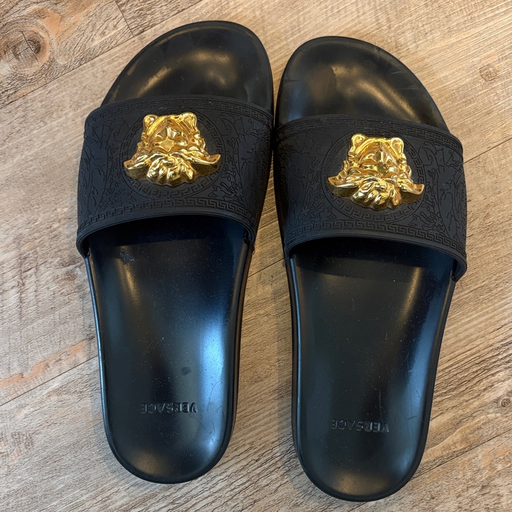 Versace Black Sandals with Gold Medusa Accent